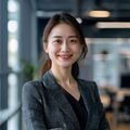 91视技术架构师林晓薇，休闲商务装半身照，背景为现代化办公室，自信微笑