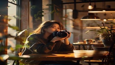 91视生活vlog合集专区封面，博主在咖啡馆用相机记录日常，温暖自然光线营造生活感